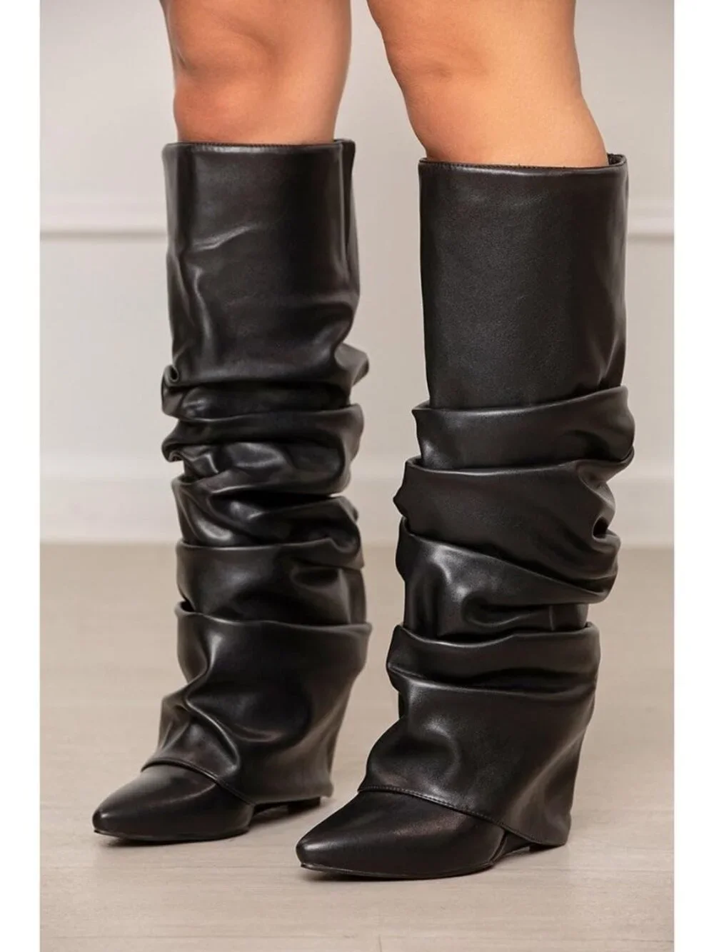 Women's Black Heel Wide Calf Pointed Toe Slouched Fold Over Knee High Boots